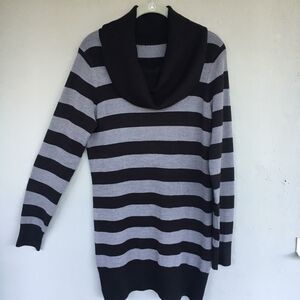 French Connection Sweater Dress Women L Black Grey Striped Cowl Neck Tunic Y2K